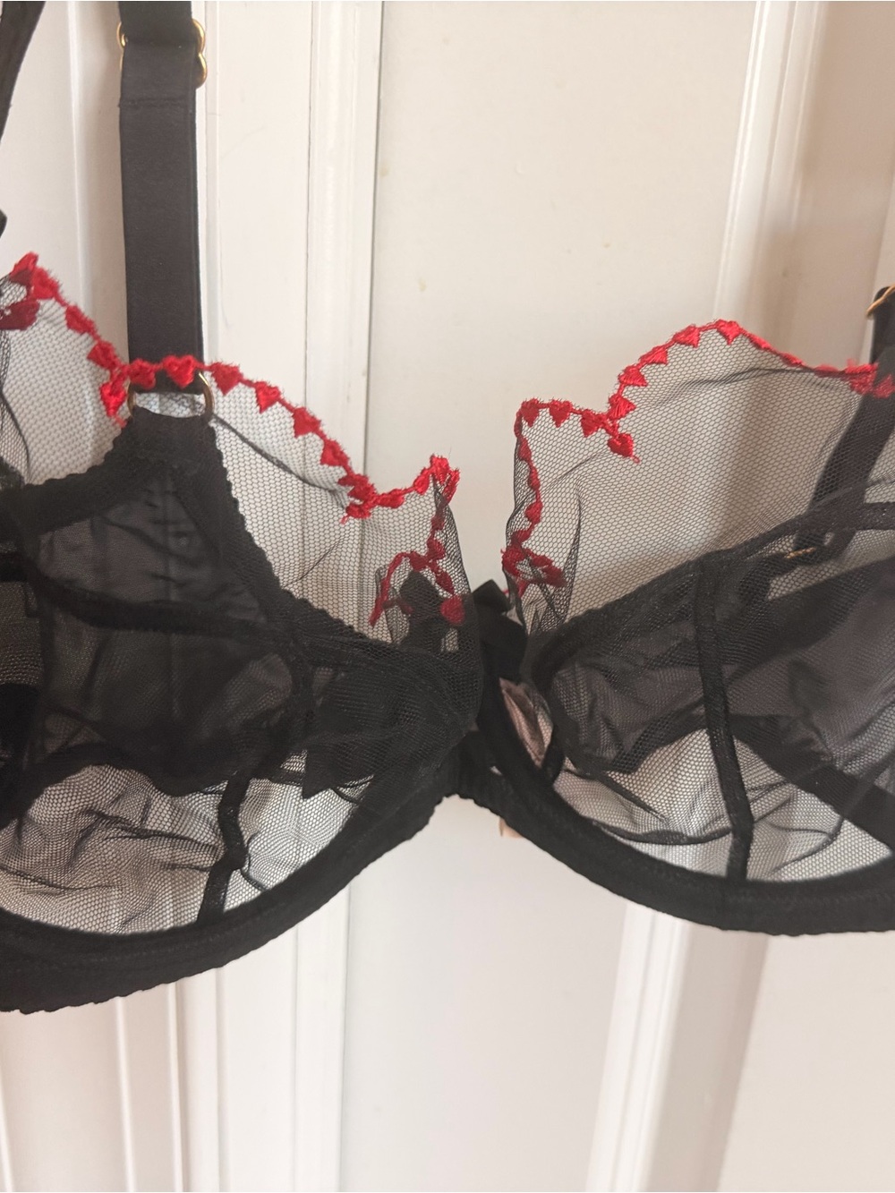 Agent Provocateur Black Sheer Mesh Bra with Red Scallop Trim
